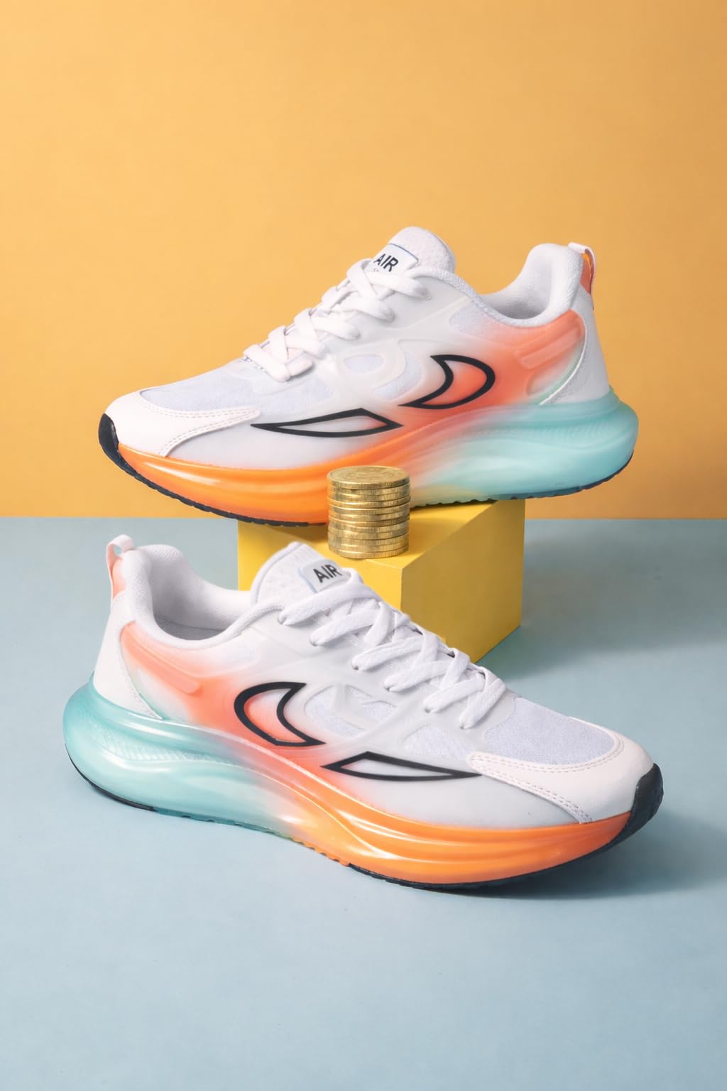 Air Cushion Running Sport Shoes, White Upper with Orange-Mint Gradient Sole, Lace-Up Lightweight Athletic Trainers (UK Footwear Size System, Adult, Men, Numeric, Medium, 8) 3