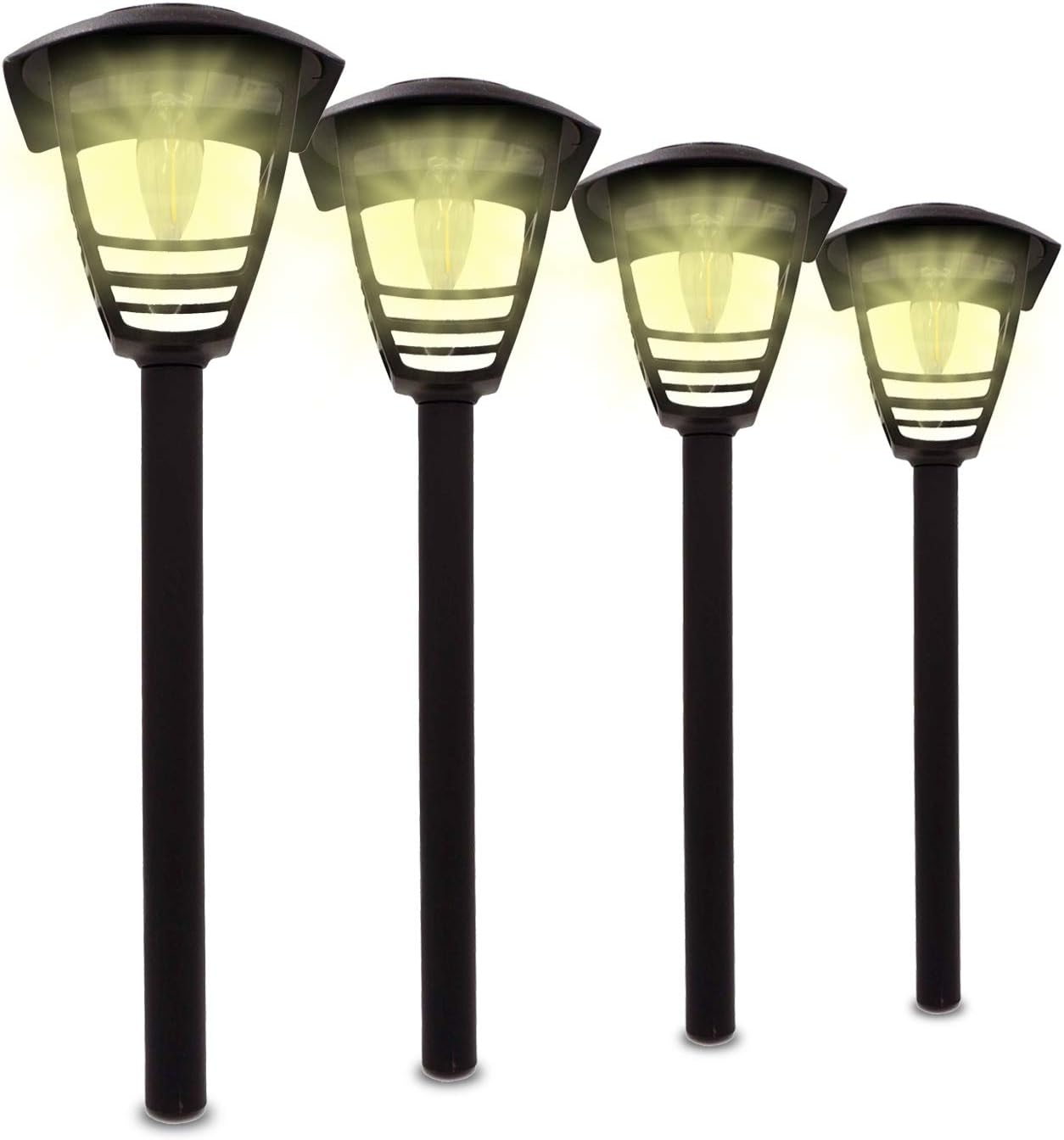 LowVoltz Solar 4 Pack Bright (10 Lumen) Solar LED Edison Filament Bulb Path Lights. Outdoor Solar Pathway Lights Garden, Yard Walkway. Modern Open Design, Solar Path Landscape Lighting