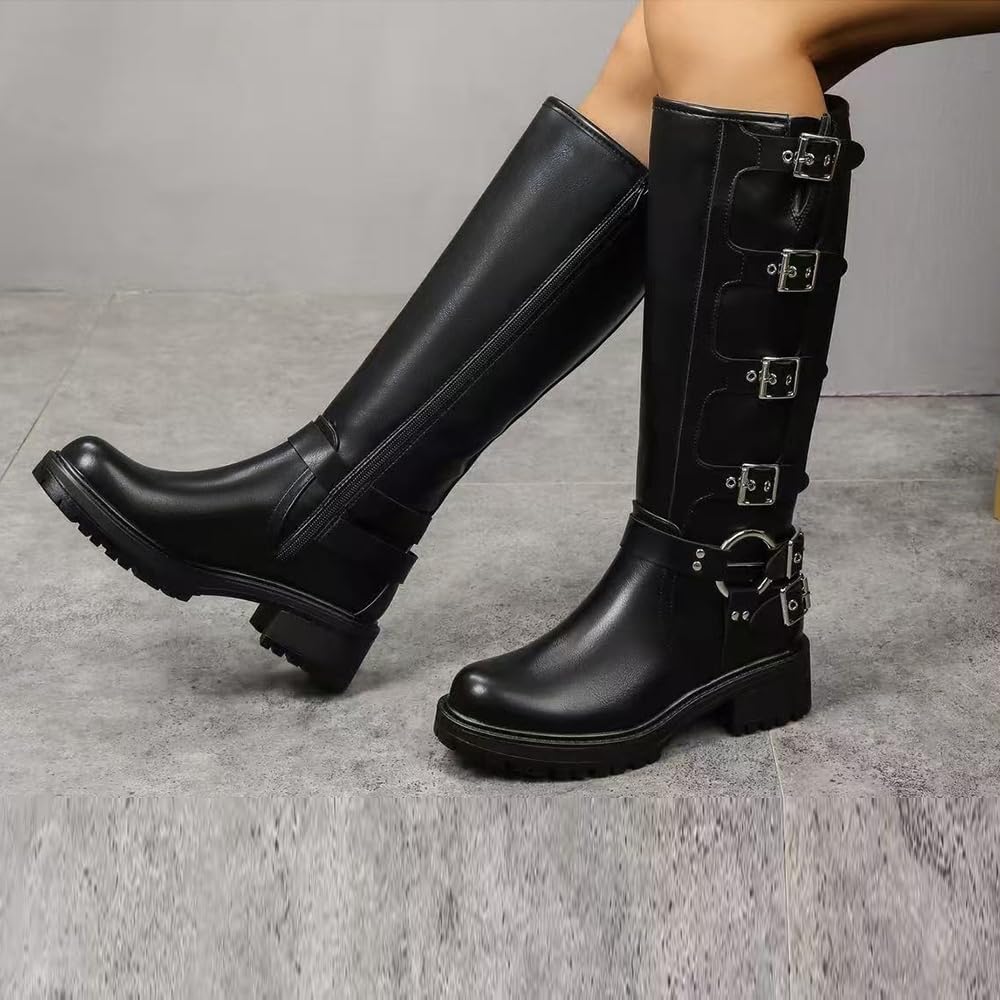 IF Fashion Chaussures Femmes Bottes Au Mollet Biker Motard Avec Multi Boucles Amphibiens RQ63 noir