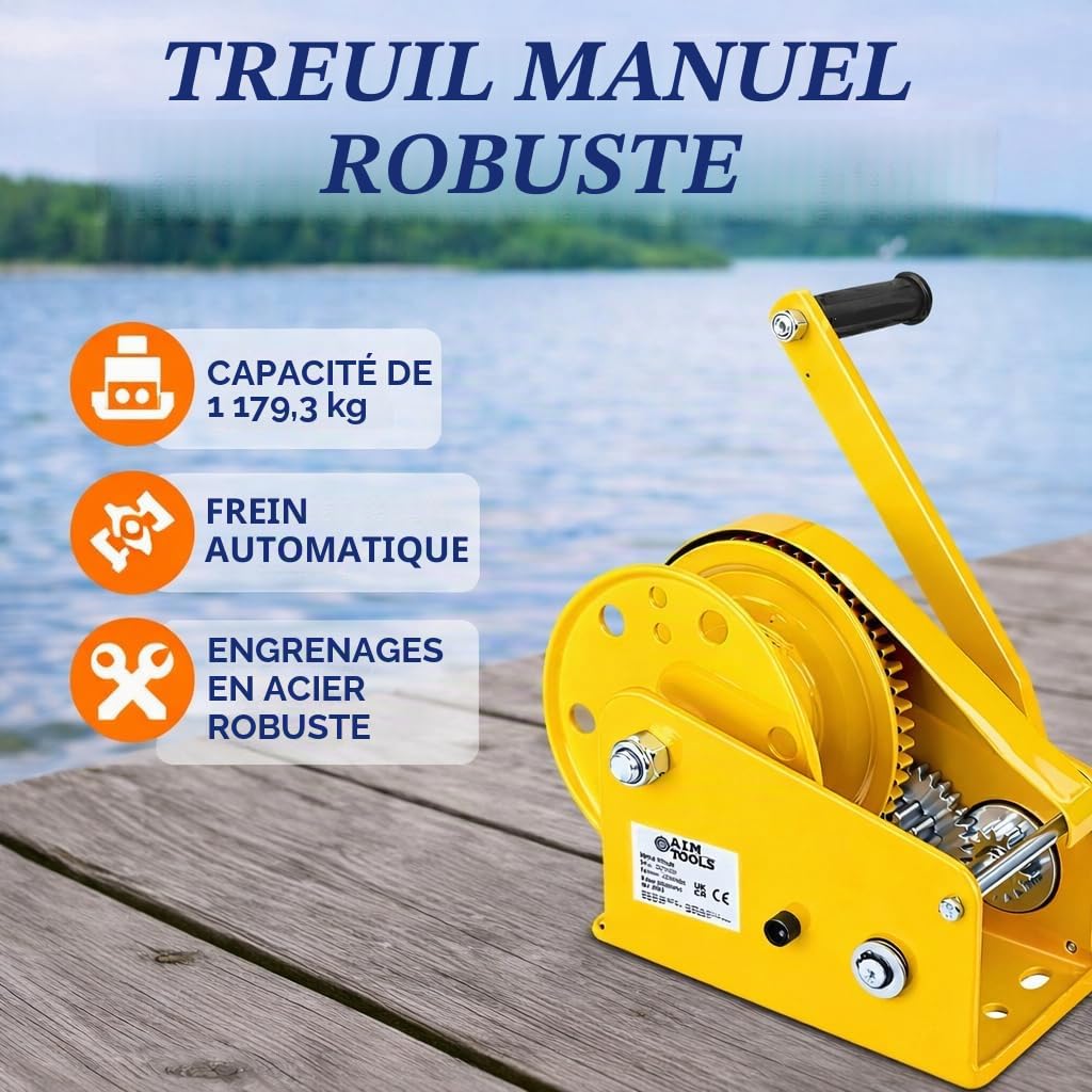 AIM Tools Treuil Manuel 2600 lbs 1180 kg Treuil à Manivelle à Cliquet Manuel avec Frein Automatique, pour Voiture Bateau Camion Traction et Levage 325638
