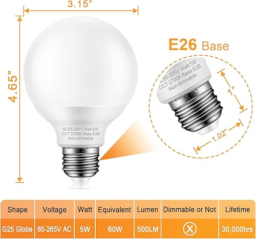 Miniatura 9 de Paquete de 4 bombillas de luz diurna para baño, equivalente a 60 vatios, base mediana E26, bombillas LED G25 para tocador de baño, bombilla redonda