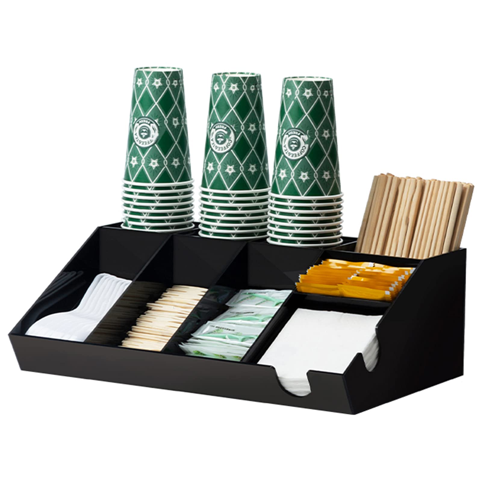 AP.DISHU Condiment and Accessories, Coffee Station Organization, 8 Compartment Upright Breakroom Coffee Condiment and Cup Storage Organizer, Black, Acrylic Material,#d