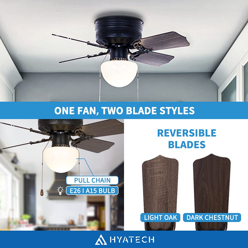 HYATECH 30 Inch Hugger Pull Chain Indoor Ceiling Fan, Low Profile Flush