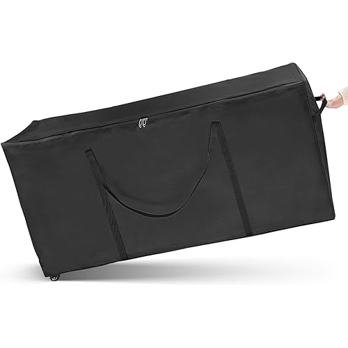 Outdoor Rolling Cushion Storage Bag, 600D Zippered Large Patio Cushion Furniture Storage Bag with Wheel and Handle Waterproof 7.5 ft Christmas Tree Storage Bags- 50x15x25 Inch, Black