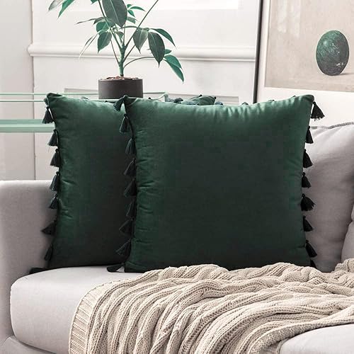MIULEE - Paquete de 2 fundas de cojín decorativas lisas, de terciopelo suave con borlas y flecos, decoración bohemia para sillón, cama, sofá, de
