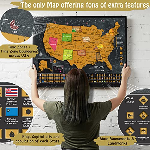 Scratch Off World Map Poster - 17X24 Inches - Bonus United States Map. Detailed Outlined States, Flags/Capitals/Populations/Landmarks/Monuments/Time Zones; Full Accessories Set & Name-Tag Gift Box #TOP3