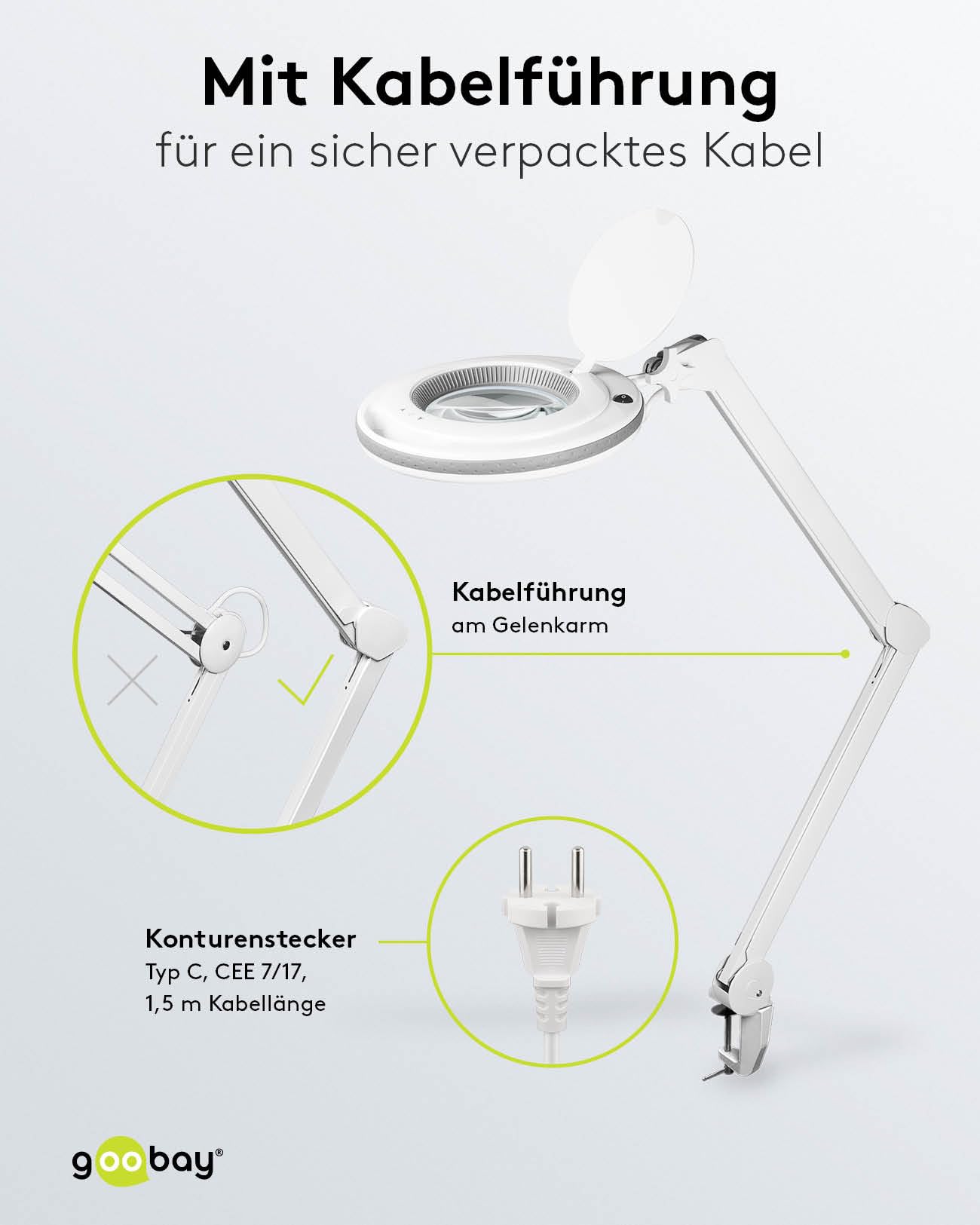 goobay 60362 LED Lupenleuchte mit Klemme / 9 W Leistungsaufnahme / 127 mm Kristall-Glaslinse/Farbtemperatur 6400 K / 1.75x Vergrößerung/Lichtstrom 83-730 Lumen/Weiß
