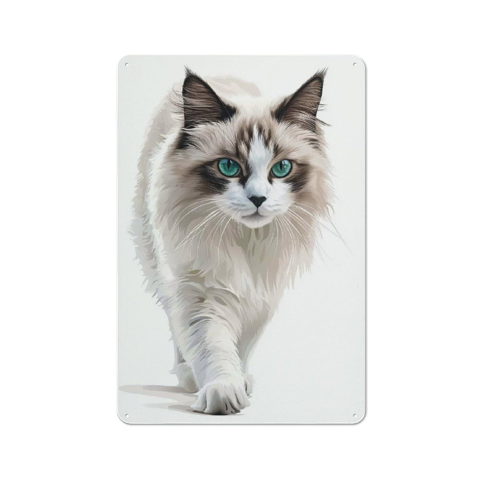 Tin Wall Plaque 30x20cm with White Cat with Green Eyes for Home Bar Wall, for Hosts Who Enjoy Retro Interiors Refreshing A Room in Autumn