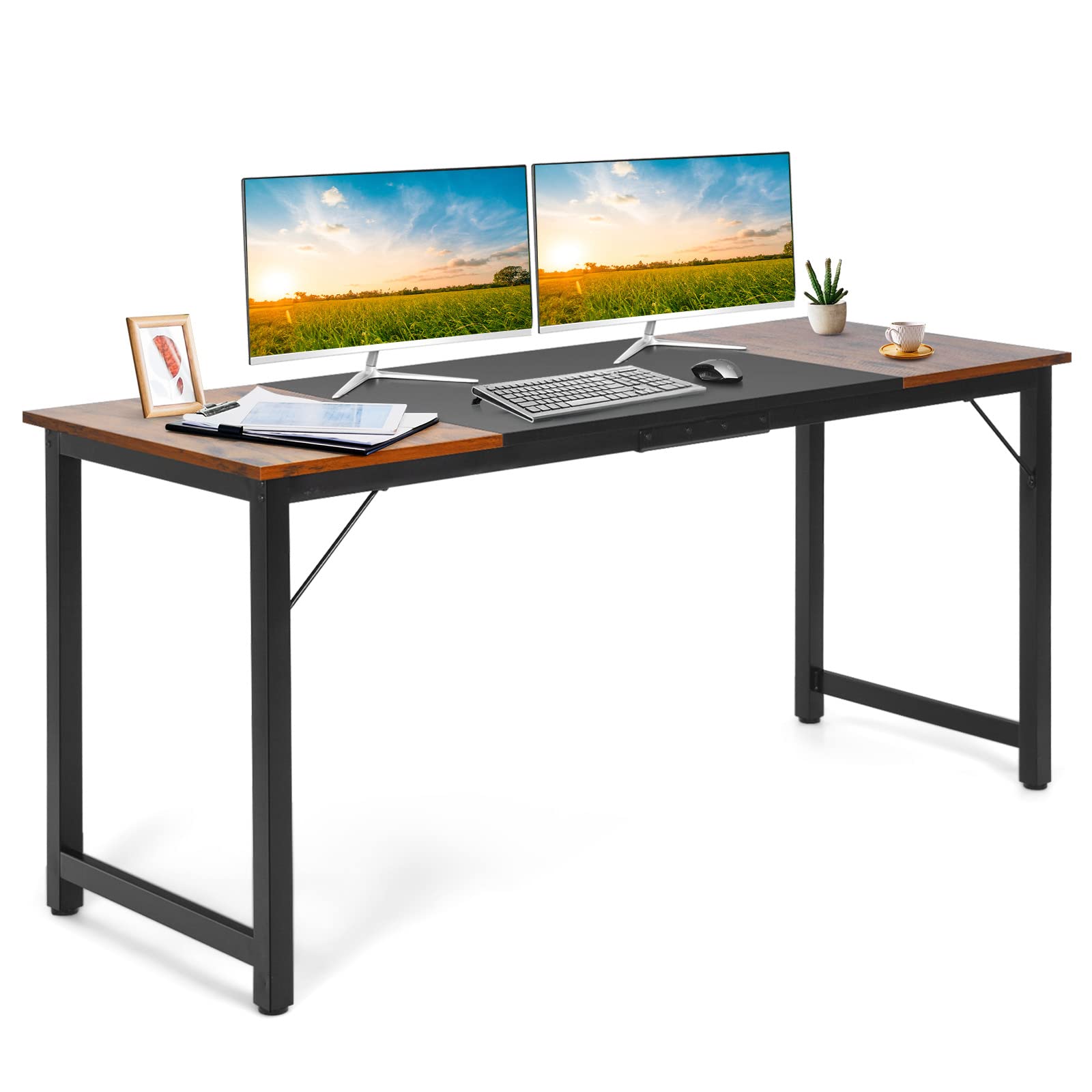 COSTWAY Computer Desk, Industrial Writing Workstation PC Laptop Table, Metal Frame Wooden Splice Board Home Office Bedroom Working Study Desk (160 x 60 x 75cm, Vintage+Black+Vintage)