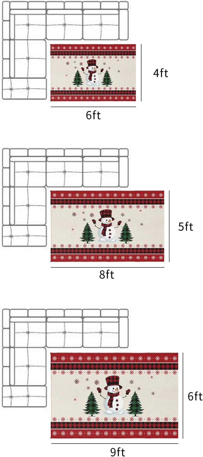 Outdoor Rug, Christmas Tree Snowman Hat Snowflake Scarf Winter Red and Black Checkered Absorbant Non-Slip Area Rugs Mat Carpet for Patio Balcony Porch Backyard Deck Rv Camping 4x6 ft