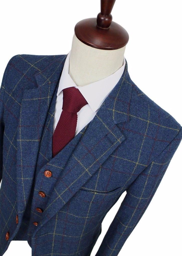 Mens Blue Suit with Yellow Grid Wool Blend 3 Pieces Check Tweed Wedding Suit Single Breasted Tailor Tuxedos