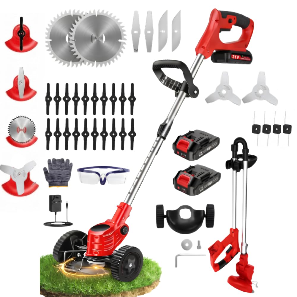 Foldable Cordless Garden Strimmers, Electric 21V Grass Trimmer with 2 X 2000mAh Battery, Adjustable Metal Blades, Garden Trimmer Telescopic Lightweight, 1880W, for Gardens, Park, Red โ image 1