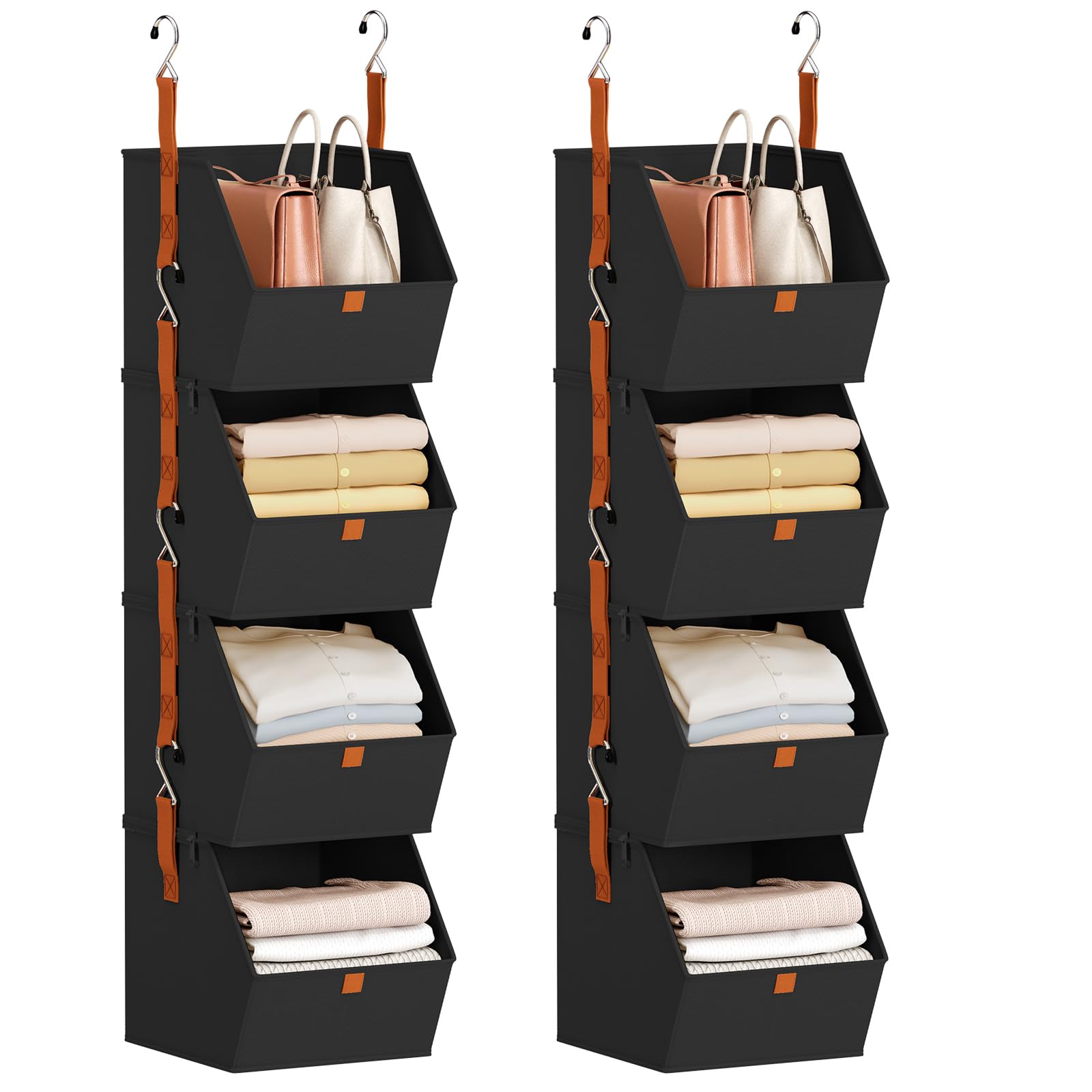 Homsorout Hanging Closet Organizer 4 Tier - Clothes Hanging Shelves, Space-Saving Closet System, Fabric Storage Bins Bedroom Organization, Collapsible Baskets for Home, Dorm, Rv, Black, 2 Pack