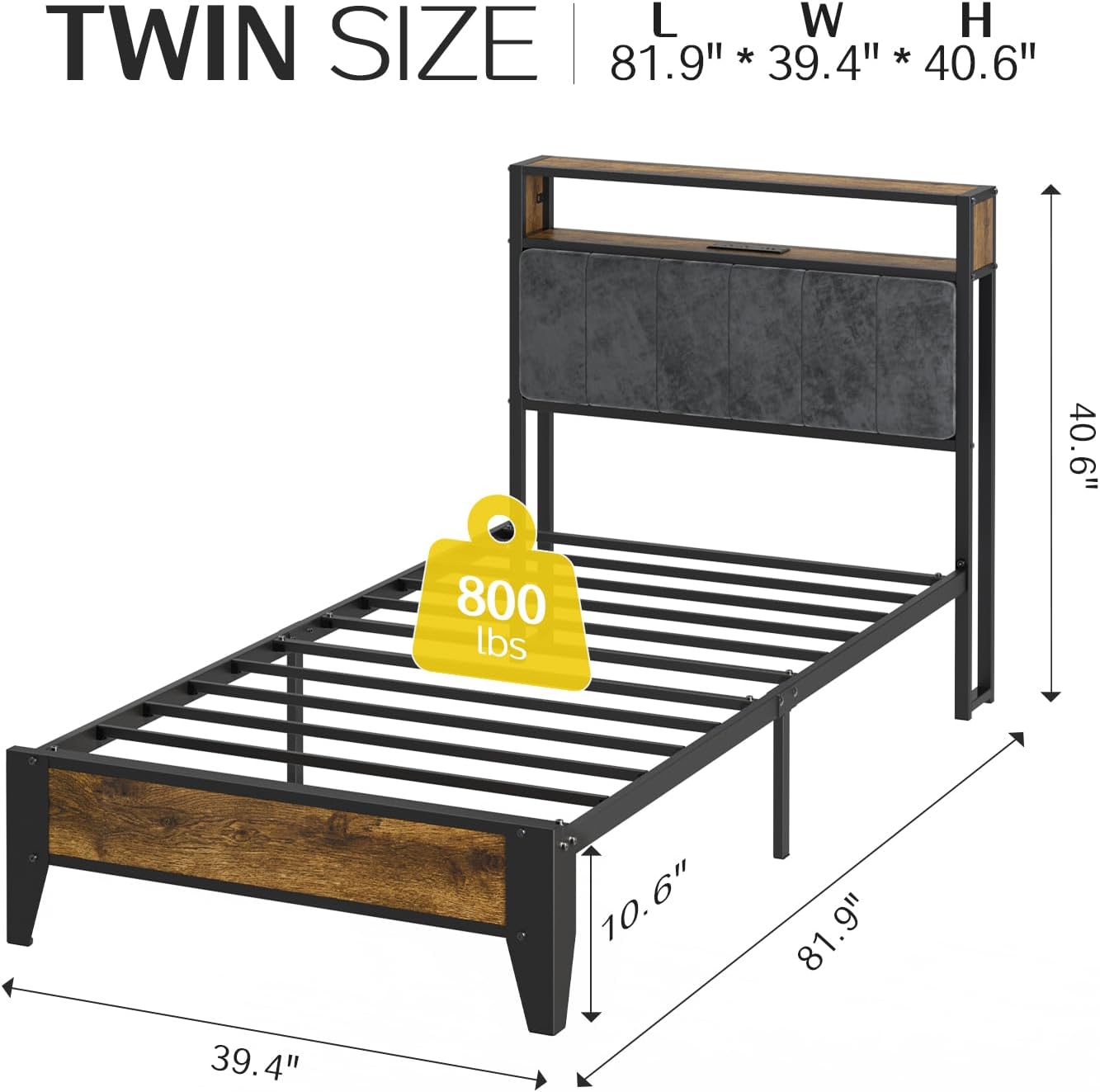 OLEVS Twin Bed Frame with LED Light Storage Headboard and Charging Station Type C, Metal Platform Bed Twin Size,No Box Spring Needed, Noise Free, Easy Assembly - Image 2