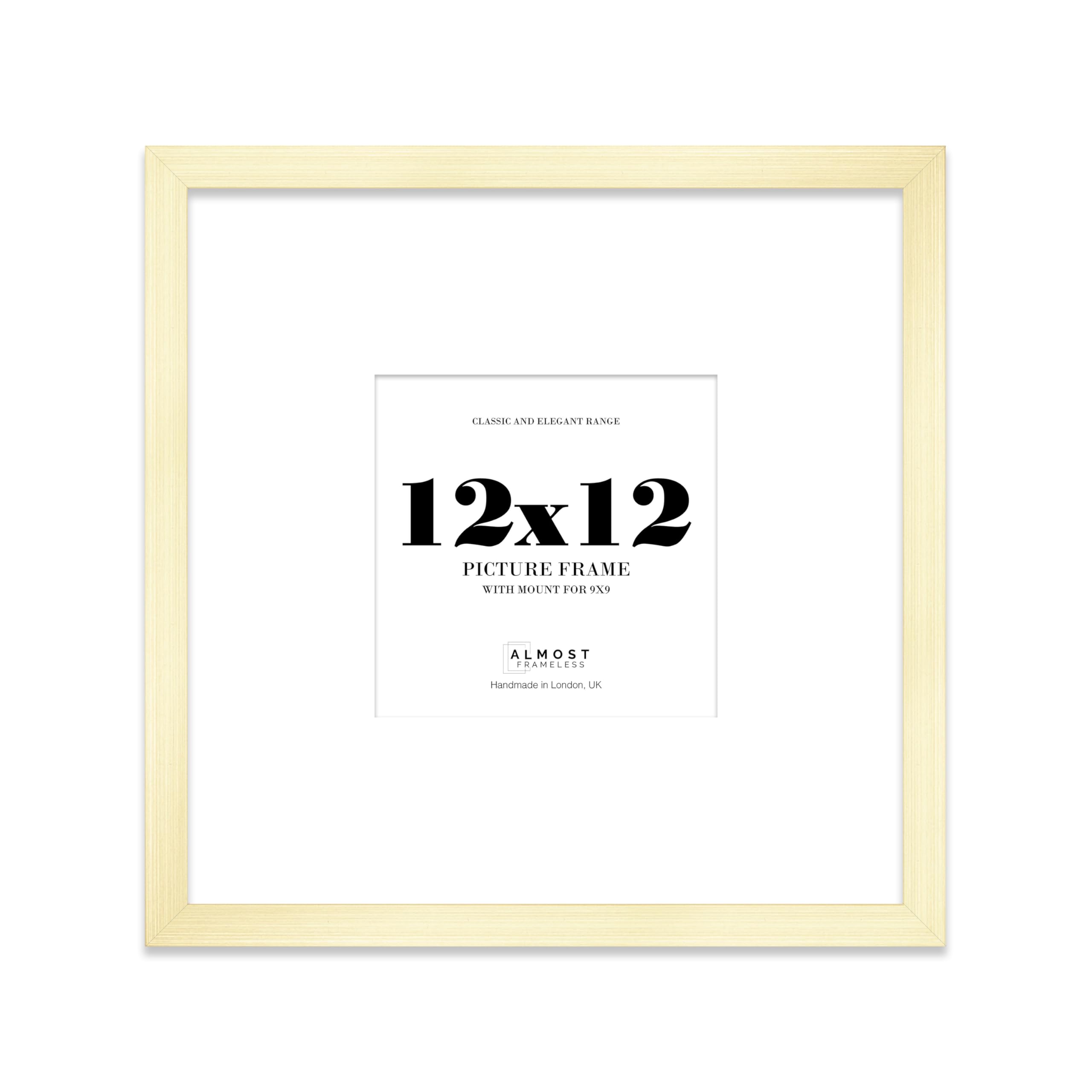 Almost Frameless 12x12 Square Picture Frame, Display Pictures 9x9 With Mat or 12x12 Without Mat, Wall Hanging & Free Standing Photo Frame, Gold, 1 Pack