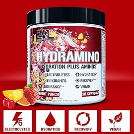 Evlution Nutrition HYDRAMINO Complete Hydration Multiplier, All 6 Electrolytes, Vitamin C & B, Fluid Boosting Aminos, Coconut Water, Endurance, Recovery, Antioxidants, 30 Serve, Fruit Punch