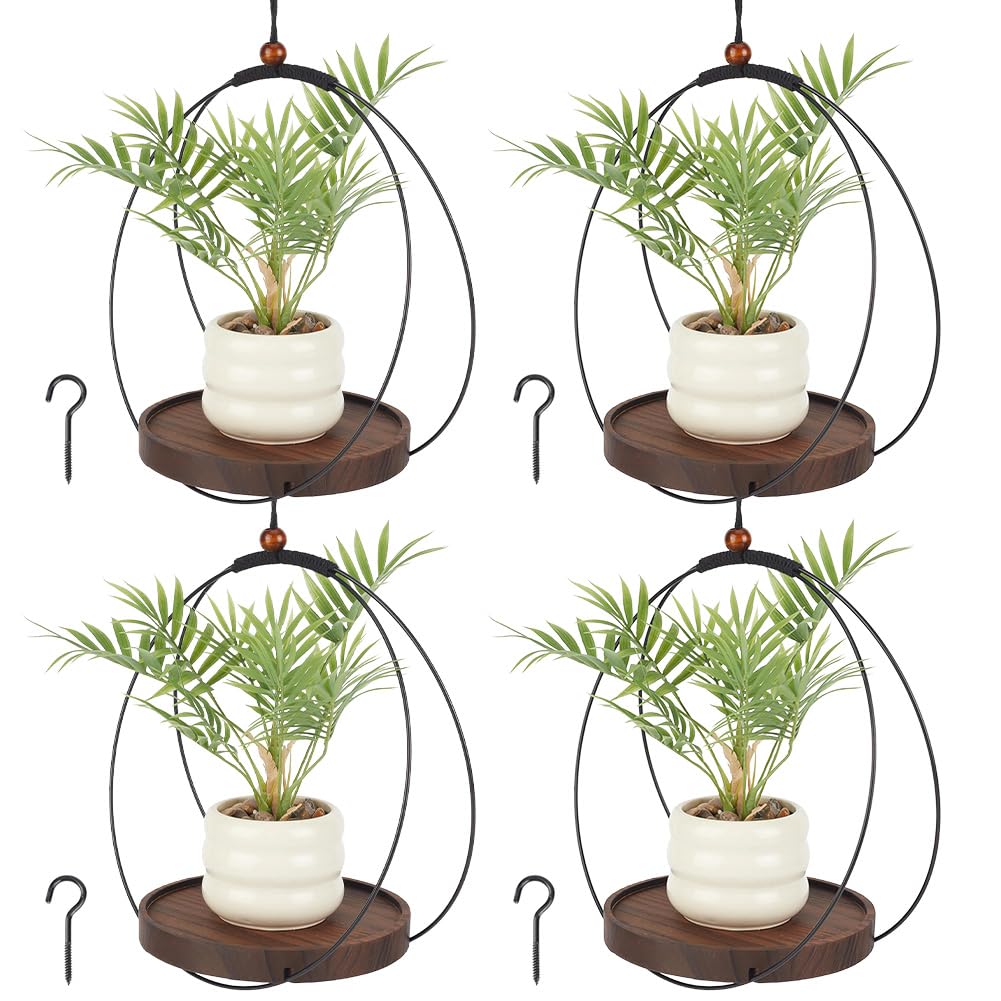 Pots de fleurs réglables macramé suspension plante intérieur base bois x4