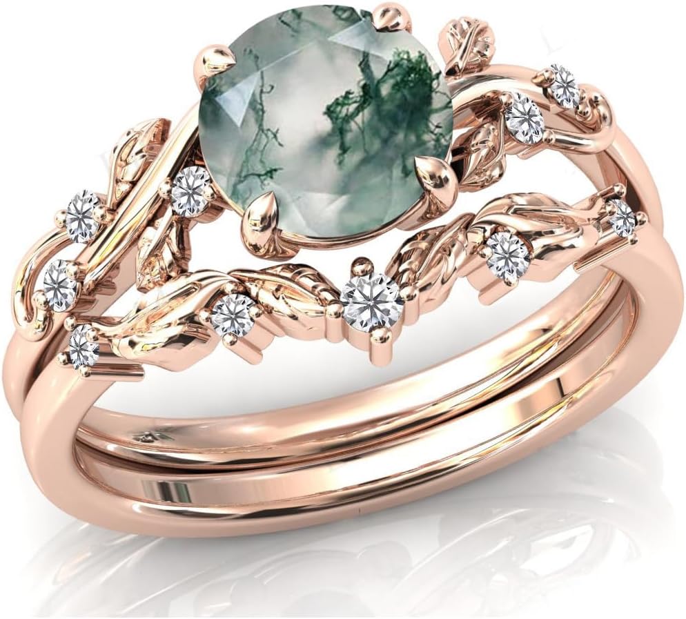 Natural Round Moss Agate Engagement Black Ring Set for Women 925 Sterling Silver Genuine Green Agate Bridal Rings Set for Her Promise Wedding Ring Set-1