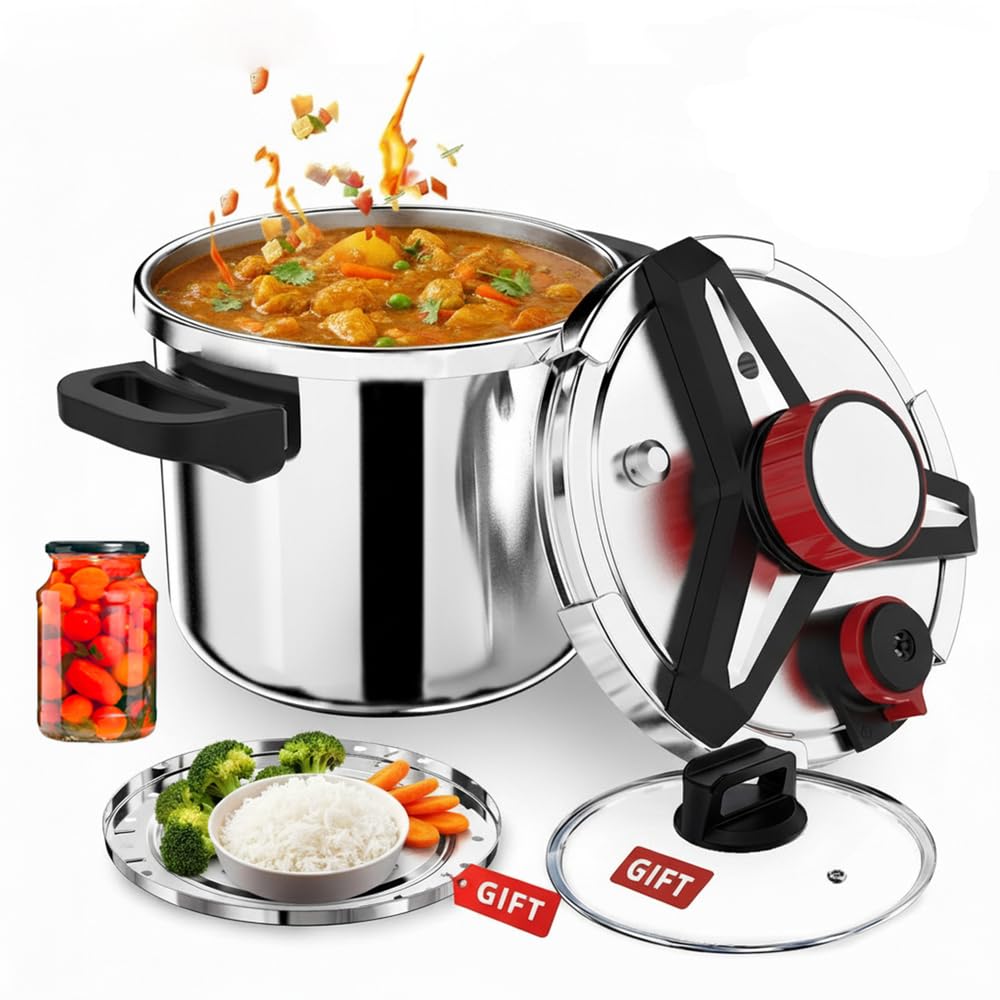 12 Liters Olla a Presión 4 en 1 de Acero Inoxidable 304,Antiexplosión,3 Niveles PSI,Tapa de Vidrio y Vaporera,tapa de olla Conserva con Bloqueo de Una Mano,Compatible con Inducción y Gas