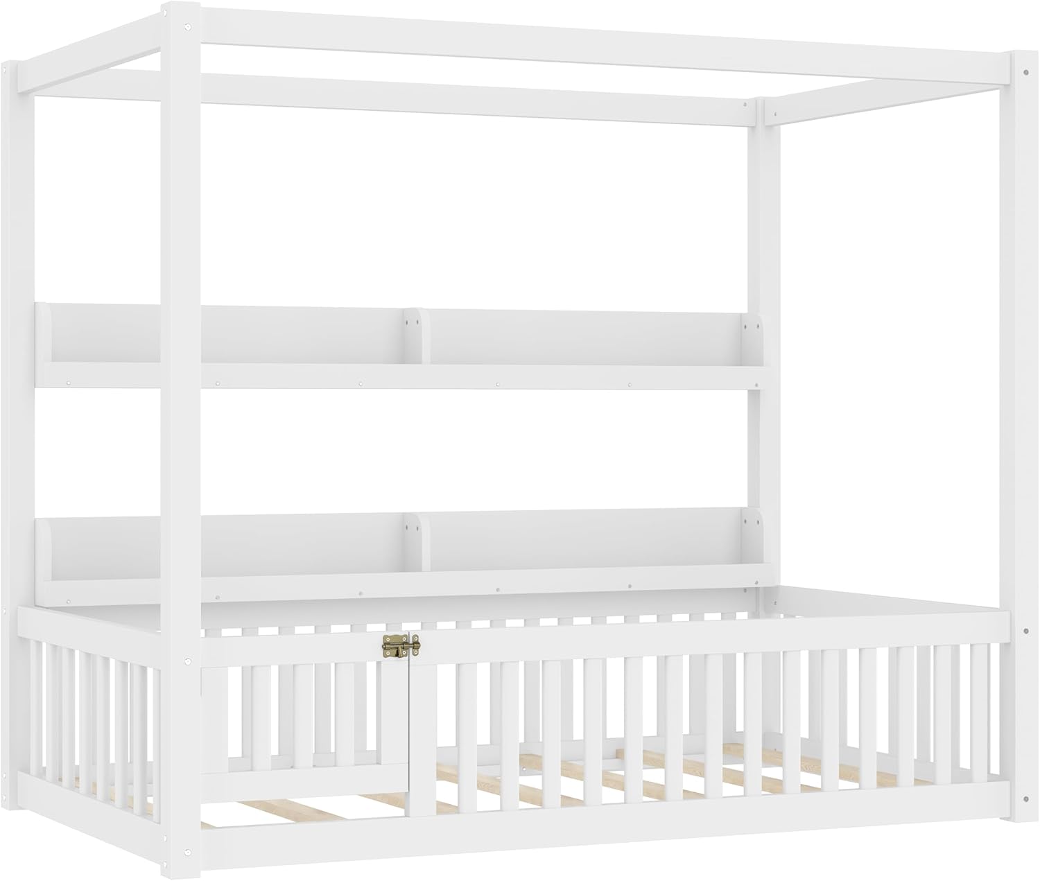 Bellemave Twin Size Canopy Bed with Guardrails and Support Slats, Solid Wood Canopy Floor Bed with Storage Shelves, Canopy Beds Frame for Kids, Teens, Adults, No Box Spring Needed, White