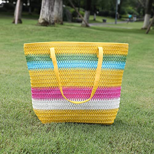 We We Large Woven Straw Tote Bag for Women Boho Beach Bags Colorful Stripe and Stitchwork Straw Tote Beach bag with zipper3