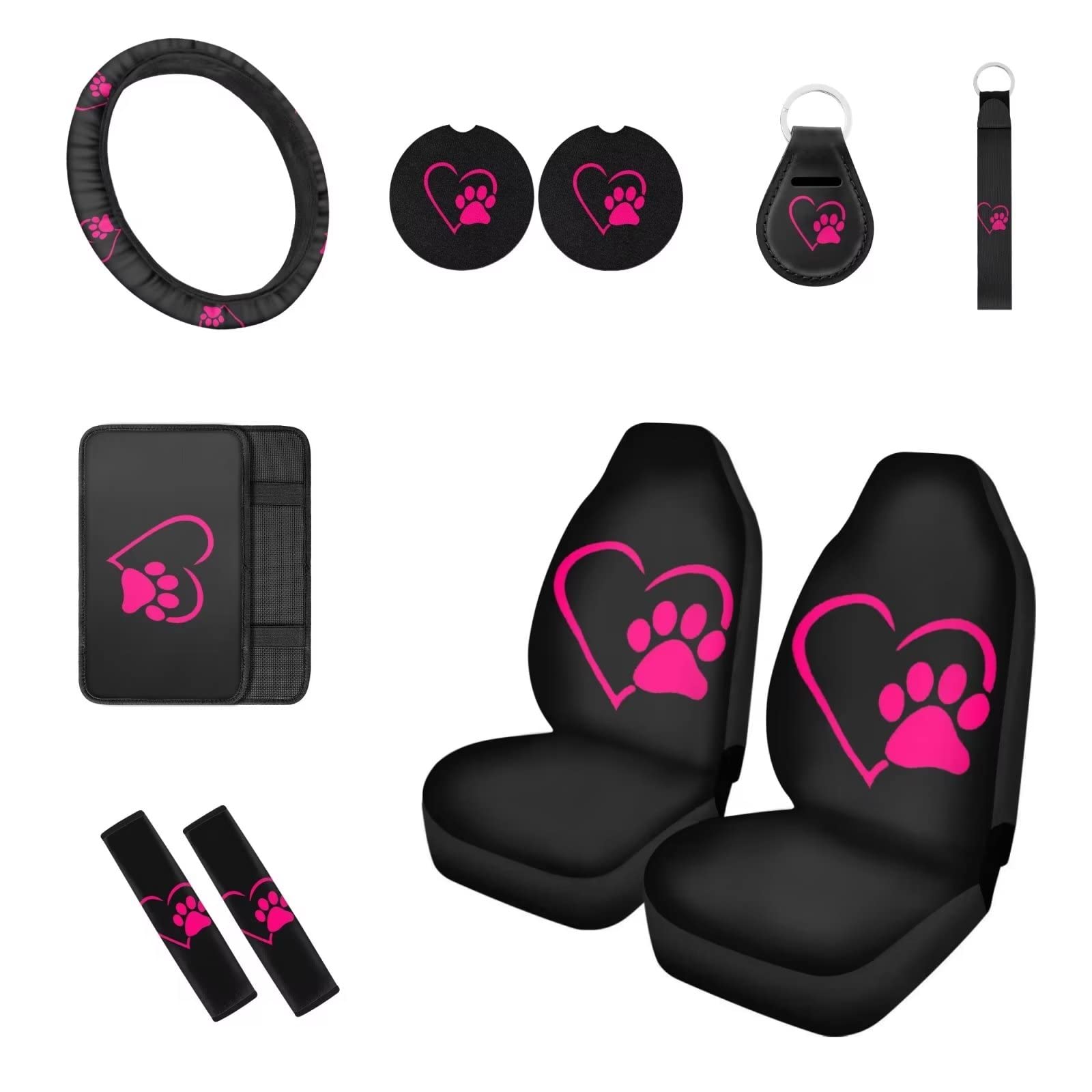 Dolyues Set di 10 accessori per auto con zampa e cuore, coprivolante, portachiavi, portachiavi, bracciolo consolle, sottobicchiere auto, carino