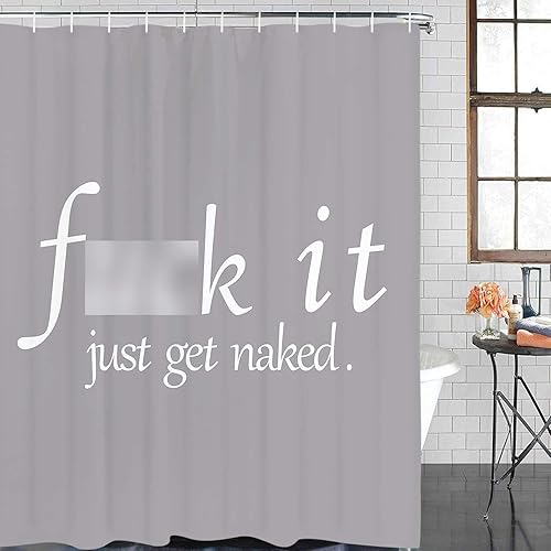 Get Naked Bathroom Shower Curtain, Grey Funny Quotes Shower Curtains Durable Fabric Bath Curtain Waterproof Bathroom Curtain with 12 Hooks (Gray, 70" L × 69" W)