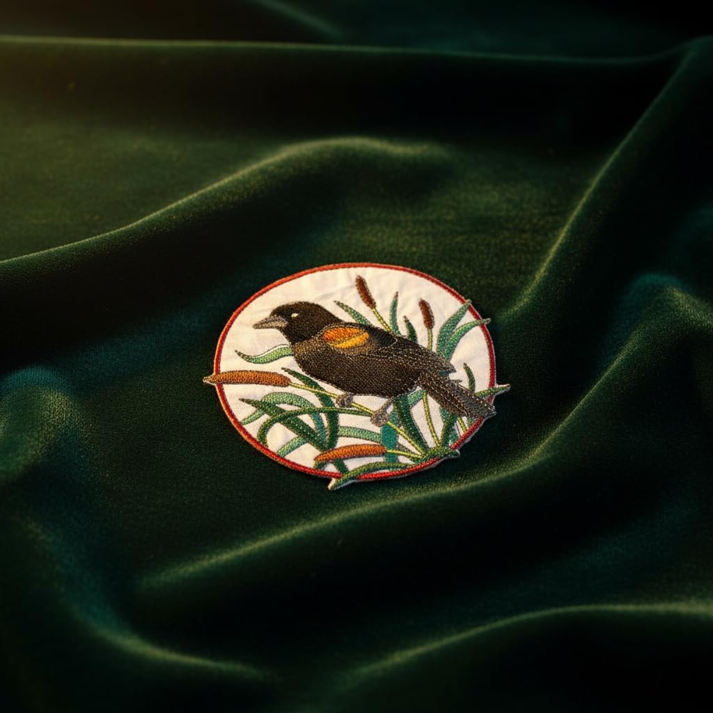Nature Weaved in Threads, Amazing Birds Kingdom [Red-Winged Blackbird and Cattail Circle [Custom and Unique] Embroidered Iron on/Sew Patch [5" *5"] [Made in USA]