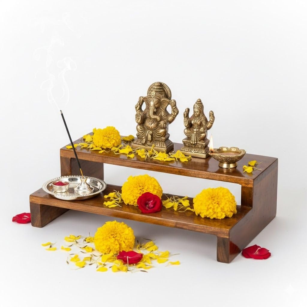 Pooja Chowki 2 Step Pata Chowki Decorative bajot for Sitting Pooja Temple Stool for Mandir | Handcrafted Traditional Indian Low Chaurang for Puja, Altar, Diya Stand-image-48