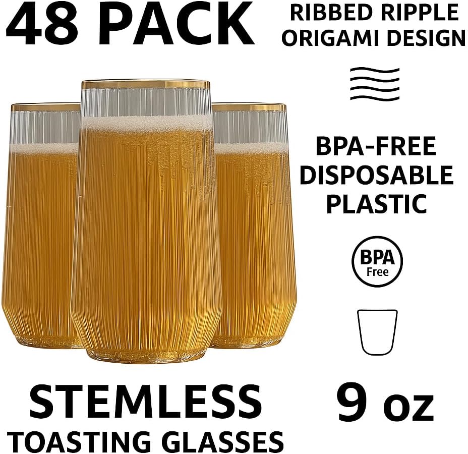 48 Pack Ribbed Ripple Stemless Toasting Glasses, Origami Durable 9 Oz BPA-Free Disposable Plastic Champagne Flutes for Weddings, Bars, Events, and Celebrations (Gold Rim) - Image 2