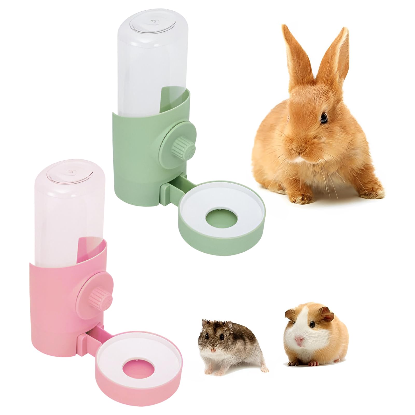 Pet Water Bottle, 2 Pieces Automatic Drinking Fountain for Pets Drinker Rabbits Hanging for Rabbits, Chinchillas, Hedgehogs and Squirrels (Green, Pink, 20 x 18 x 8.7 cm)
