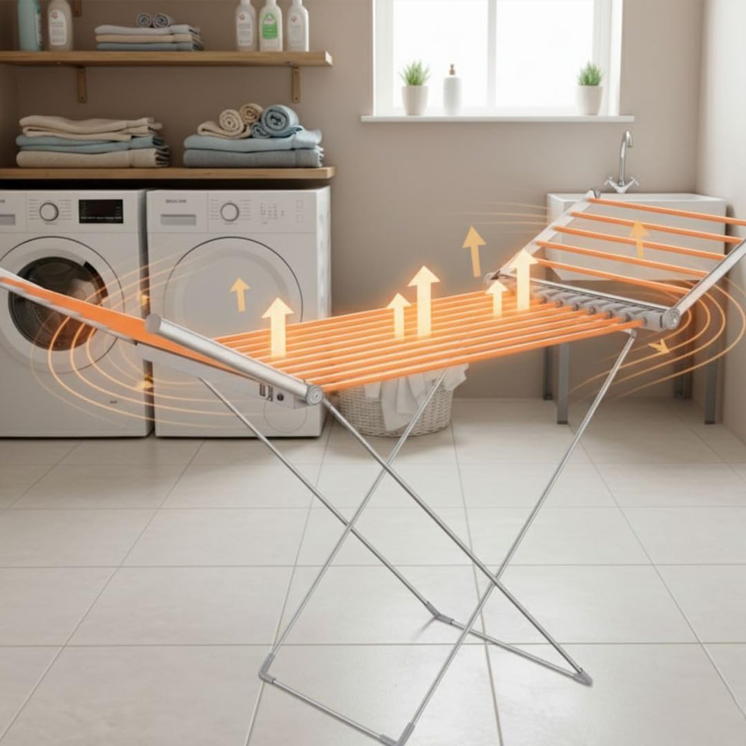 Casabella Grey Electric Heated Clothes Airer, Energy Efficient Heated Drying Rack With 18 Heated Bars & 2 Wings, Large Capacity Indoor Laundry Dryer, 230W,
