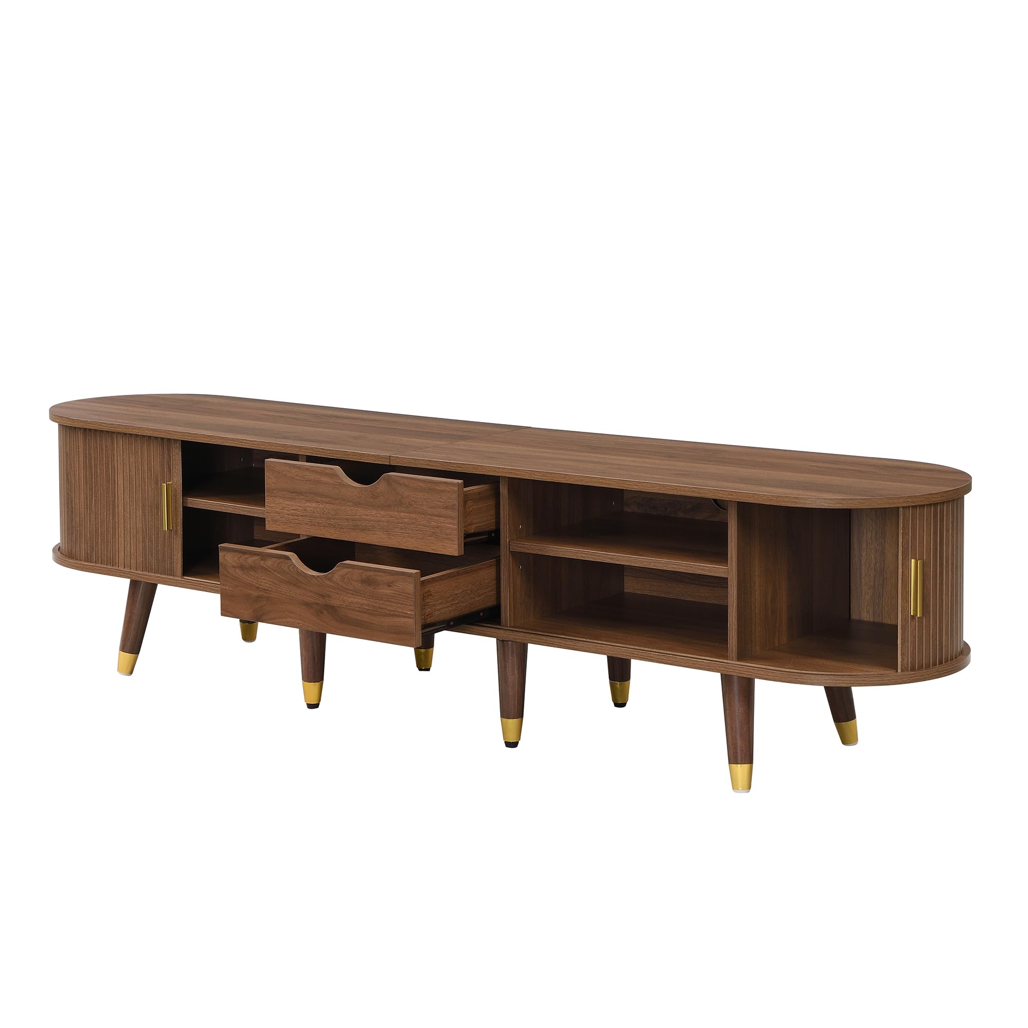 Mobile TV 175 cm con anta scorrevole in rattan, effetto noce, molto spazio, stile rustico, MDF, scomparti aperti, cassetti, design naturale