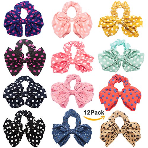 Whavel 12 Pack Hair Scrunchies Elastics Bow Scrunchy Bobbles Soft Hair Bands Hair Ties Assorted,12 Colors