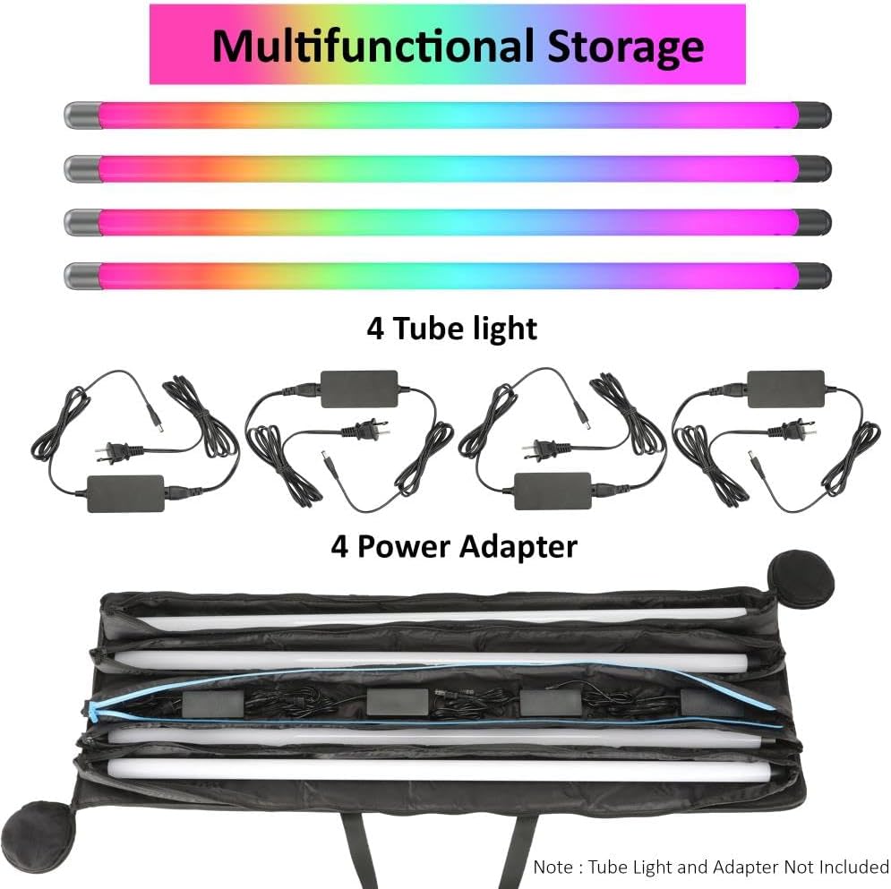 Genaray RGB Pixel LED Tube Light Carry Bag – Stores Four 4' Lights, Water-Resistant Cordura Fabric, Protective & Durable with Separate Padded Pockets, Padded Handle Wrap, and Power Adapters