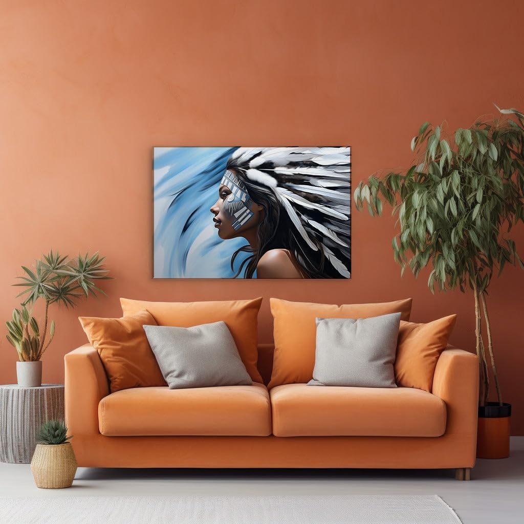 Canvas for Living room. Whispers of Tradition The Ethereal Native American Maiden in Digital Brushstrokes, 27 x 18 inch Canvas Wall Art - Religion And Spirituality - Zen Wall Decor