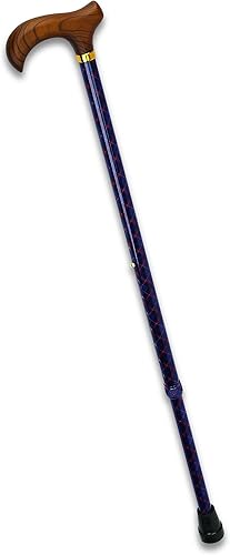 Bastón para hombre, estilo Kilt a cuadros. Cuadros rojos y azules con eje de aluminio ajustable. Madera maciza, mango Derby. ¡Guapo!