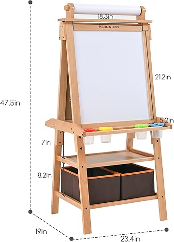 Miniatura 2 de MEEDEN Caballete de arte para niños, madera de haya maciza con pizarra de pie de doble cara y pizarra blanca, 1 rollo de papel, 2 cestas de
