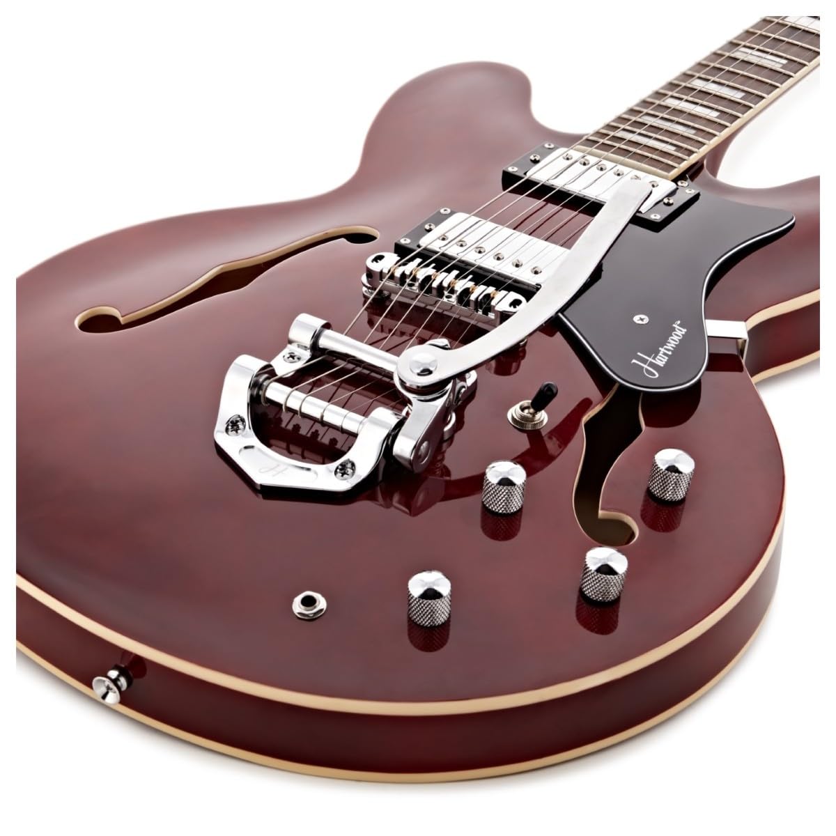 Hartwood Revival Vibrato Semi-Acustica e Custodia, Cherry Red | Include Custodia Rigida, Vibrato Sfumato tramite Braccio Tremolo Integrato, Corpo Semi-Cavo in Tiglio, Cherry Red