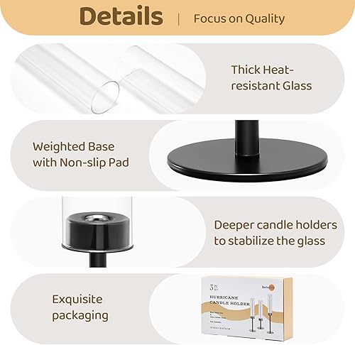 Miniatura 3 de Juego de 3 portavelas de huracán negro, de metal alto y resistente al viento, centros de mesa para exteriores e interiores para bodas, Navidad,