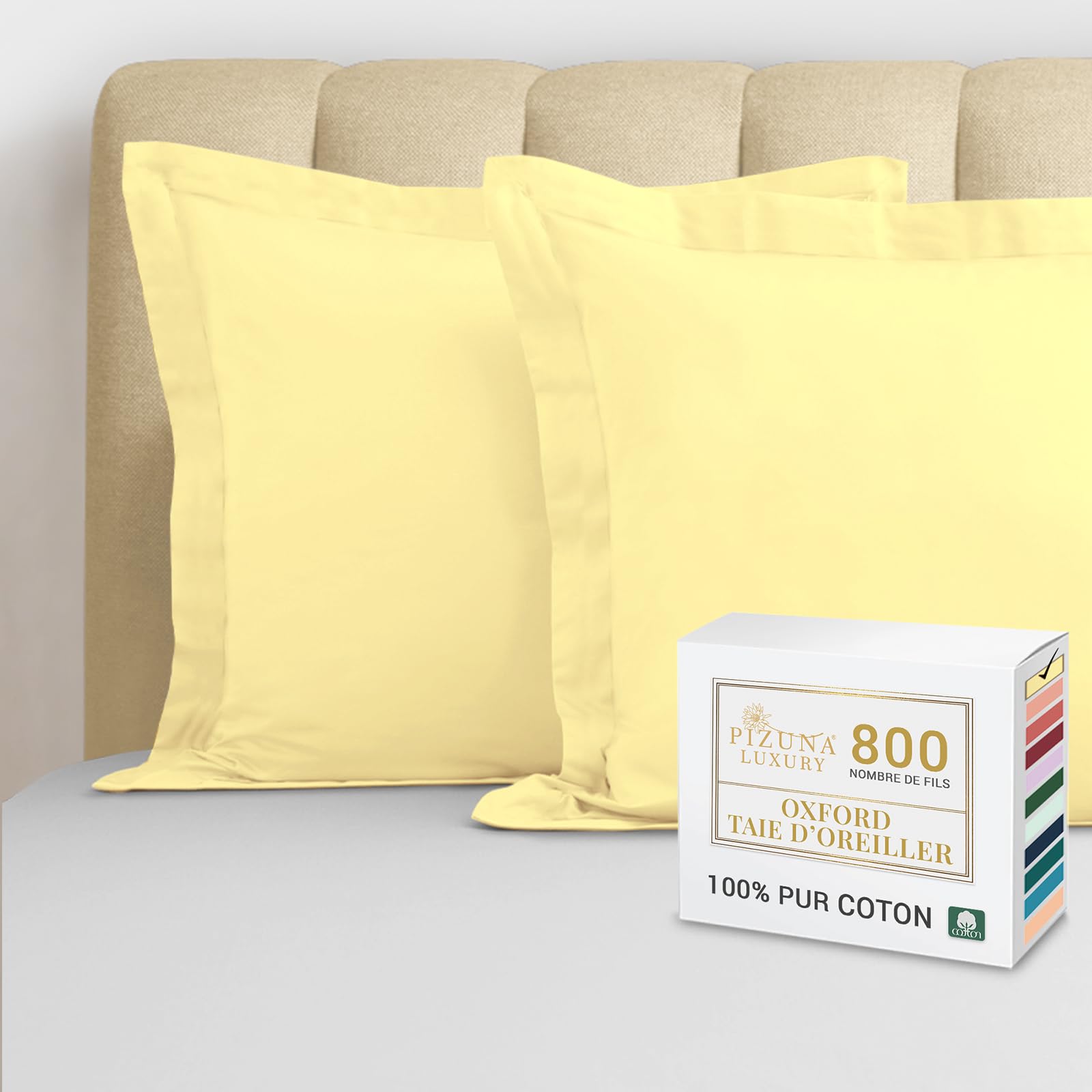 Taies d'oreiller 65x65 jaune doux en coton satiné pour lit cosy