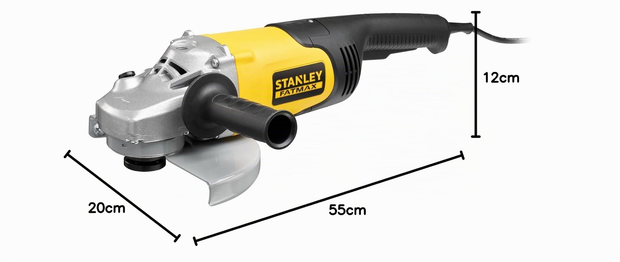 Amoladora 2.000W 230mm, velocidad 6.500 rpm, rosca del eje M14. Incluye empuñadura lateral 3 posiciones y llave para cambio de discos marca STANLEY