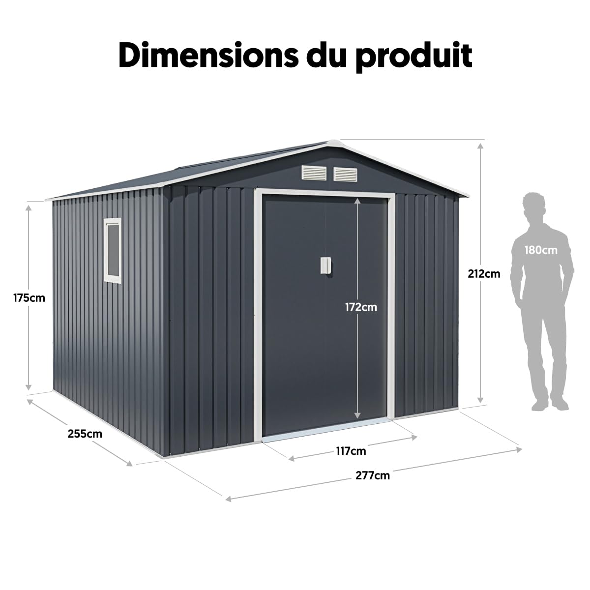 Abri de Jardin métal 7,06m² Anthracite + kit d'ancrage | Abri de Jardin en Métal | Fenêtre latérale | Abri à Outils Abri de Rangement Extérieur | Hauteur Faitage: 212 cm