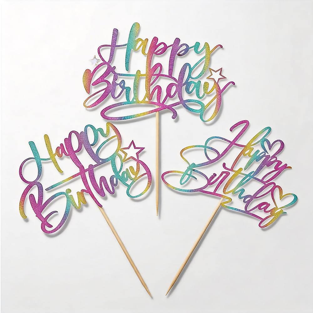 Happy Birthday Cake Topper 3 Piece Set - Rainbow Gradient HB Sign with Wooden Sticks for Cake Decorating, Non-Edible Party Supplies