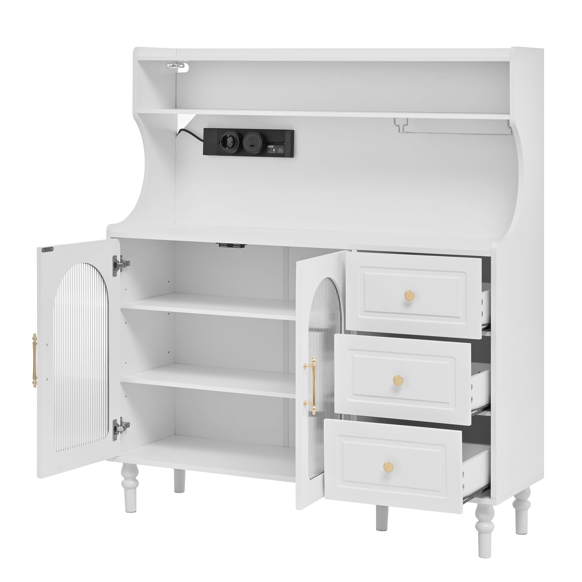 Küchenschrank Buffetschrank Höhe 138.5 cm mit Steckdosen und Stauraum, Hochschrank Sideboard mit Weinglashaltern, Barschrank Küchenschränke Highboard mit Schubladen, Küchenmöbel, Schrank Weiß