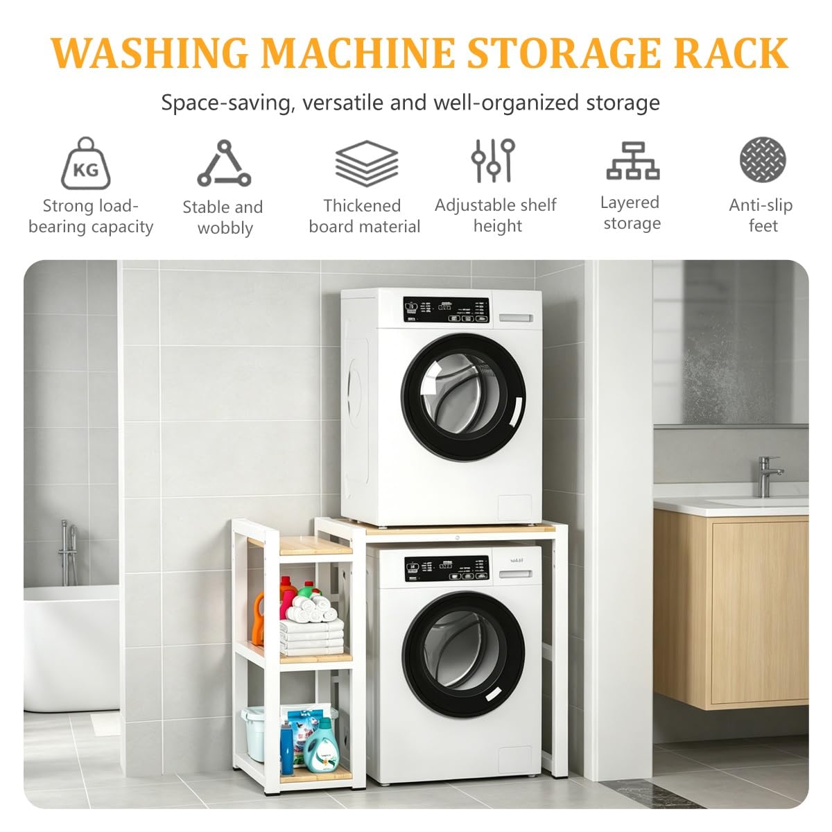 Regal Über Waschmaschine Trockner mit Seitenablagen, Höhenverstellbares Waschmaschinenregal Doppelt, Waschmaschine Trockner Regal für Waschküche Badezimmer Wohnung(White)