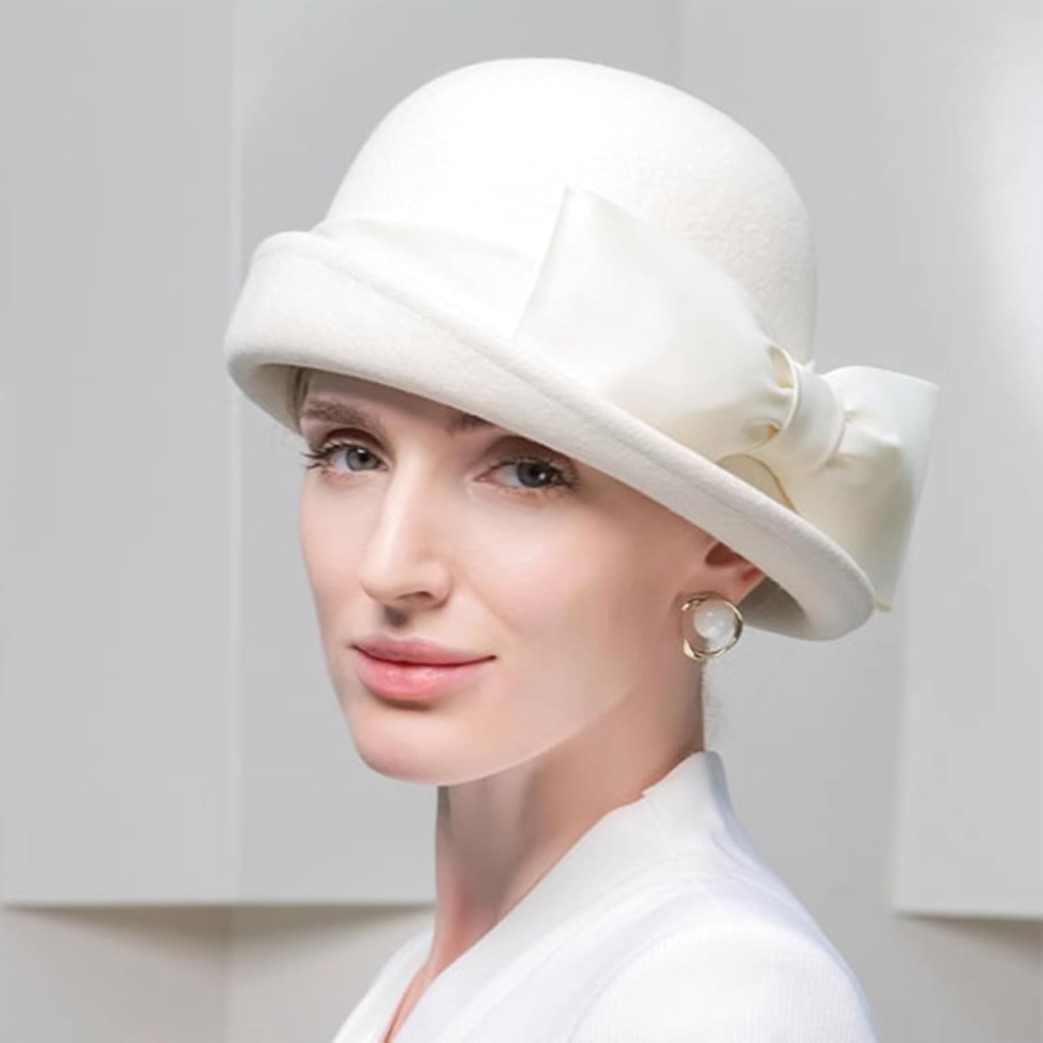 F FADVES Women Solid Color 100% Wool Winter Hat Women Cloche Bucket Bowler with Bowknot