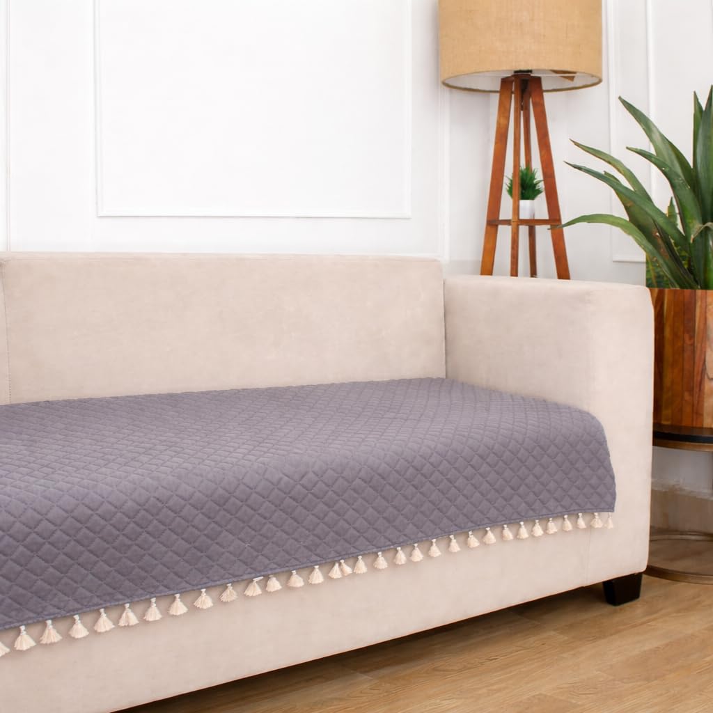 STITCHNEST 3 Seater Quilted Velvet Sofa Cover Protector with Tassel (Grey)-image-6