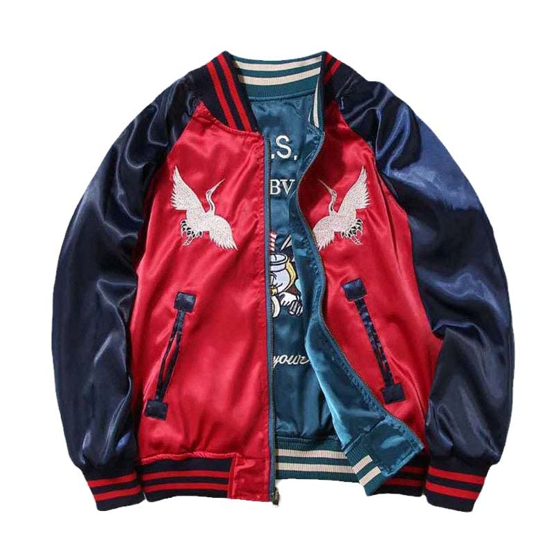 USTZFTBCL Sukajan Satin Bomber Baseball Jacket,Yokosuka Embroidery,Double-Sided Coat,Spring Collection
