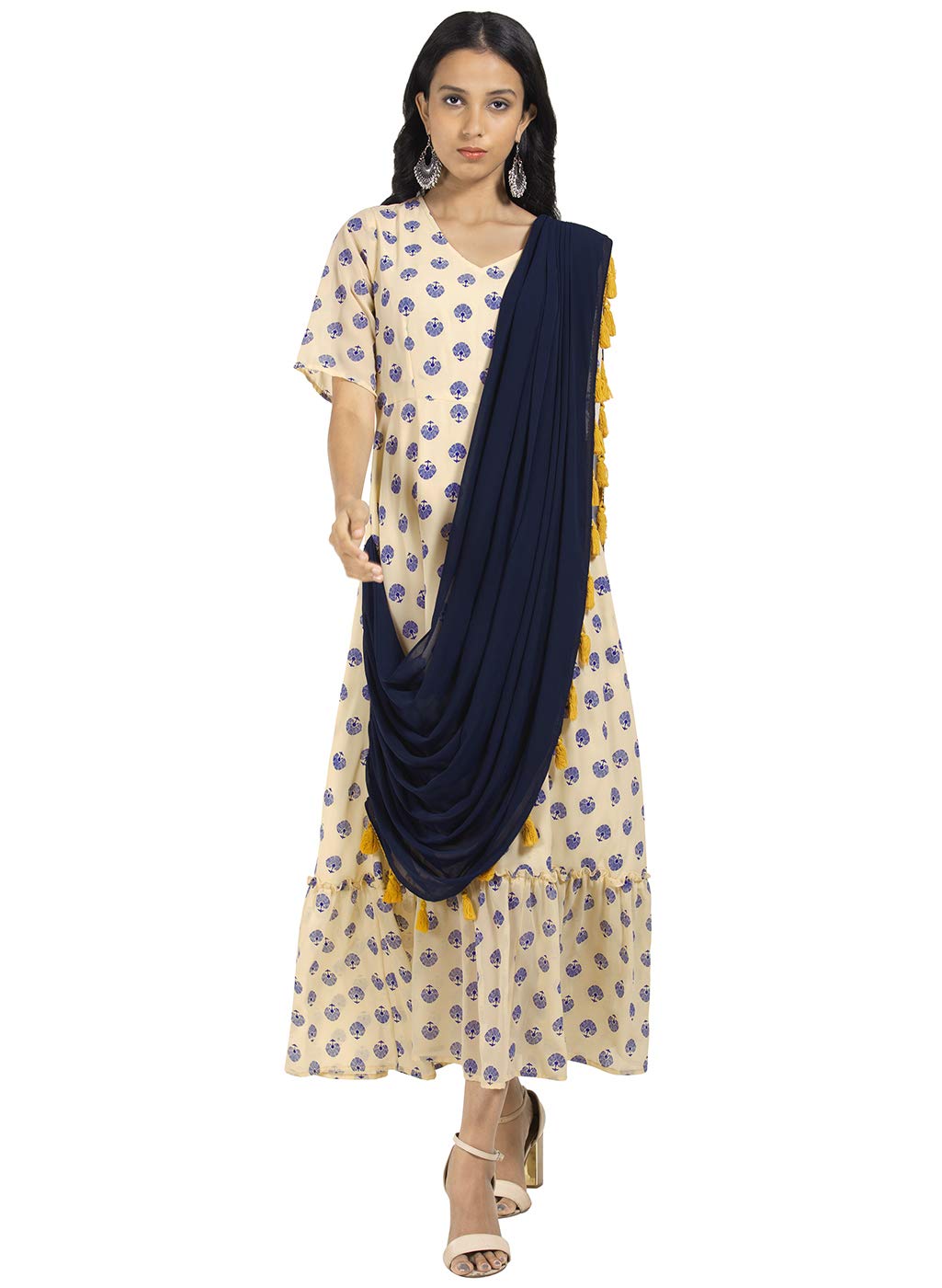 Indya Womens V Neck Printed Kurta with Attached Dupatta